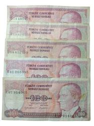 7. Emisyon 100 Türk Lirası  Harf Serili 5 Adet Koleksiyon Kağıt Para.