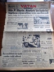 Vatan Gazetesi - Turkish Newspaper - 12 Ağustos 1956 - buhranımıza çare 4 yazan Ahmet Emin Yalman Başmakale - Hürriyet partililerin Atatürk'ün kabrini topluca ziyaretine izin verilmedi - Ankara valiliği Fevzi Lütfi Karaosmanoğlu'nun Hürriyet partisi İl başkanlarına evinde vereceği ziyafetin de yasak edildiğini bildirdi - Osman Bölükbaşı ya yalnız çayeli'de emniyet tedbiri alınmadı - iki yedek parçacı tevkif edildi - Batı trakya'da Yunan baskısı tesirsiz bırakılıyor - İngilizlerin süveyş'ten ayrılışı fotoğraf - suçlu yazan Orhan Kemal Yazı Dizisi - Osmanlı tarihinden sayfalar yazan Feridun Fazıl Tülbentçi Yazı Dizisi - Adnan Veli'den fantezi - siyasi hatıralar yazan General Ali Fuat Cebesoy Yazı Dizisi - Cezmi Or Kupası atletizm yarışmaları dün başladı - başvekil kupasını hangi at kazanabilir - Dün yapılan at yarışları Sada koşusunu Haydar kazandı - Gündüz Kılıç Galatasaray'a tekrar antrenör oluyor - Fenerbahçe Demirspor bugün karşılaşıyor - İstanbul yüzme yarışlarında Galatasaray 1.