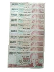 7. Emisyon 100.000 Türk Lirası  Harf Serili 10 Adet Koleksiyon Kağıt Para.