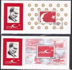 EFM.001 1998 CUMHURİYET'İN 75.KURULUŞ YILDÖNÜMÜ HATIRA BLOKLARI 2 FDC TAKIM HATIRA KARTI ÜZERİNDE