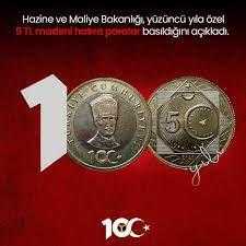 5 tl madeni cumhuriyetin 100.yıl 1 poşet 100 adet