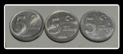 2005-2006-2007 - 5 Yeni Kuruş (5 YKrş.) 3’lü Tam Lot / TCML567 /KM#1165