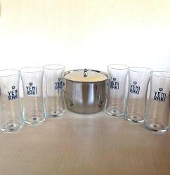 6 ADET İNCE BELLİ 1937 RAKI BARDAĞI 1 ADET ÇELİK BUZ KOVASI ÇİF KATMANLI MAŞALI KAPAKLI KOVA