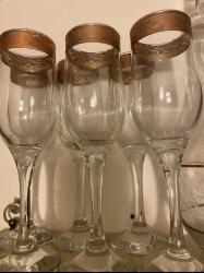 Vintage Varaklı Cam  KARAF  ve  6 adet  Şarap ve Şampanya Kadeh takımı