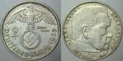ALMANYA GÜMÜŞ 2 MARK 1937 F. NAZİ - HİTLER - III. REICH İKİNCİ DÜNYA SAVAŞI DÖNEMİ. HİNDENBURG PORTRELİ SWASTİKALI. ORİJİNAL. 8 gr.