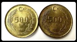 1991 - 500 Lira Çil 2’li Lot (Sık ve Seyrek Saç Baskı)TCML91 ÇİL