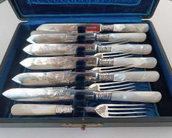Antika Victorian  1906 Walker and Hall Sheffield İngiltere Sedef Saplı Bıçak ve Çatal Takımı Orjinal Kutusunda