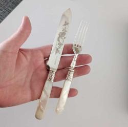 Antika Victorian  1906 Walker and Hall Sheffield İngiltere Sedef Saplı Bıçak ve Çatal Takımı Orjinal Kutusunda