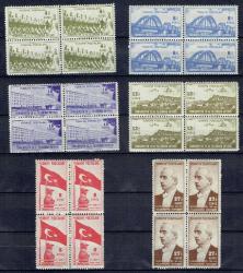 1943 CUMHURİYETİN KURULUŞUNUN 20. YILI  DÖRTLÜ BLOK PULLAR. PULLARIN ARKA YÜZ FOTOĞRAFLARI DA EKLENMİŞTİR.