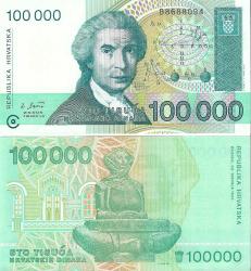 Hırvatistan 1993 Yılı 100,000 Dinar Yabancı Kağıt Para Çil (Unc) Koleksiyon Para
