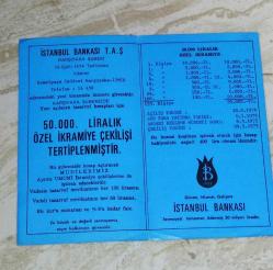 19523-İSTANBUL BANKASI İZMİR HATAY ŞUBESİNİN DÜZENLEDİĞİ ÖZEL PARA İKRAMİYESİ ÇEKİLİŞ BİLETİ***1973 YILI