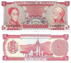 Venezuela 1989 Yılı 5 Bolivares Yabancı Kağıt Para  Çil (Unc) Koleksiyon Para