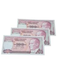 7. Emisyon 100 Türk Lirası 3 Adet Sıralı Takipli Koleksiyon Kağıt Para. Cumhuriyet Dönemi Para.