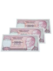 7. Emisyon 100 Türk Lirası 3 Adet Sıralı Takipli Koleksiyon Kağıt Para. Cumhuriyet Dönemi Para.