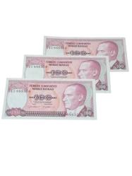 7. Emisyon 100 Türk Lirası 3 Adet Sıralı Takipli Koleksiyon Kağıt Para. Cumhuriyet Dönemi Para.