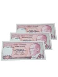 7. Emisyon 100 Türk Lirası 3 Adet Sıralı Takipli Koleksiyon Kağıt Para. Cumhuriyet Dönemi Para.