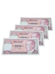 7. Emisyon 100 Türk Lirası 4 Adet Sıralı Takipli Koleksiyon Kağıt Para. Cumhuriyet Dönemi Para.