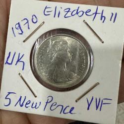 1970 İngiltere Elizabeth 5 new pence madeni para ÇÇT