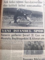 Yeni İstanbul Gazetesi - Turkish Newspaper - 6 Ekim 1958 - Dünya çocuk günü yazan Habip Edib Törehan Başmakale - Beşli konferans için Yunanistan'ın cevabı - İstanbul'un 36. Kurtuluş yıldönümü - 6. Dünya çocuk günü kutlanıyor - 142 işçi dün okmeydanı'nda ev sahibi oldu fotoğraf - İstanbul halkının ziyaretine açılacak olan milli sanayi sergisi devlet demiryolları standı fotoğraf - Diyanet işleri reisi Eyüp Sabri Hayırlıoğlu istifa etmeyecekmiş - Beşinci Fransız Cumhuriyeti doğdu - Adnan Menderes'in tetkikleri - Hilton oteli yiyecek fiyatlarına zam yaptı - Burç falınız - Ankara İstanbul Teknik Üniversite radyo programı - Fenerbahçe Beşiktaş'ı 4 1 yendi fotoğraflar - soyunma odalarında fenerbahçelileri tebrik eden Beşiktaş antrenörü Remondini hakem Faik Gökay'dan şikayet etti - Karagümrük takımı 29 Ekim'de İzmir'de - kadınlar arası yüksek atlama rekoru - Şeref Has - Can Bartu - Atan kazandı Yazan Sulhi Garan - ligde son puan durumu - Refik Koraltan Bursa'da - pul borsası açıldı - karikatür