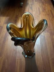 Vintage Orta Yüzyıl El Yapımı Üflemeli Amber Salıncak Cam Vazo Salıncak Akış Camı Boy 40 cm