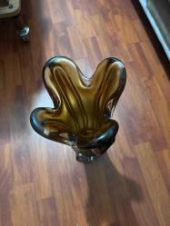 Vintage Orta Yüzyıl El Yapımı Üflemeli Amber Salıncak Cam Vazo Salıncak Akış Camı Boy 40 cm