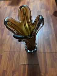 Vintage Orta Yüzyıl El Yapımı Üflemeli Amber Salıncak Cam Vazo Salıncak Akış Camı Boy 40 cm