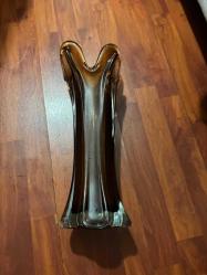 Vintage Orta Yüzyıl El Yapımı Üflemeli Amber Salıncak Cam Vazo Salıncak Akış Camı Boy 40 cm