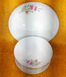 VINTAGE KIR ÇİÇEKLERİ RESİMLİ SÜMERBANK PORSELEN TABAK SETİ , BİR BÜYÜK , 6 NORMAL BOY TOPLAM 7 PARÇA