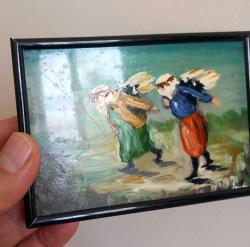 SEVDA İMZALI YAĞLIBOYA TABLO.40 - 50 YILLIK TABLO.BUZLU CAM ÜZERİNE RESMEDİLMİŞTİR RESİMDE BİR İKİ ÇİZİK MEVCUT.  CAM SAĞLAM.  ÇERÇEVE METAL. KOLEKSİYONLUK NADİR