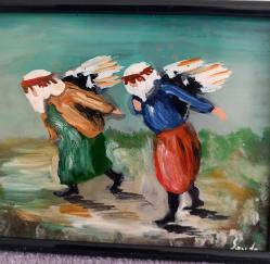 SEVDA İMZALI YAĞLIBOYA TABLO.40 - 50 YILLIK TABLO.BUZLU CAM ÜZERİNE RESMEDİLMİŞTİR RESİMDE BİR İKİ ÇİZİK MEVCUT.  CAM SAĞLAM.  ÇERÇEVE METAL. KOLEKSİYONLUK NADİR