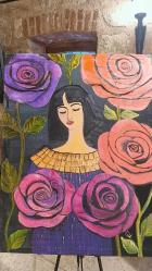 Koleksiyonluk Deri Üzeri El Boyaması Tablo: Güllerin Kalbindeki Kız (90x115 cm)