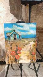 Mavi Kır Evi – Akrilik Tuval Tablo (30x40 cm, El Yapımı)