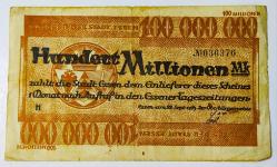 1923 Almanya 100 Milyon Mark..