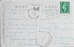 Kartpostal - HULL - Queens Gardens and Wilberforce Monument (1952, Erenköy, İstanbul posta damgalı ve adresli)