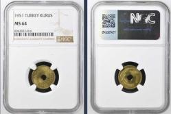 1951 1 kuruş, NGC  MS 64 delikli  çil -Nadir