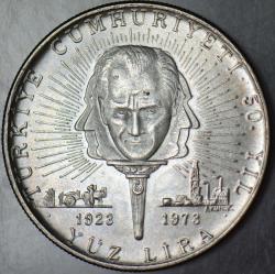 CUMHURİYET'İN 100. YILI 100 LİRA 1973 GÜMÜŞ 21,7 gr. ÇİL(-)