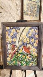 Basma Kumaş Çerçeveli El Yapımı Kuş Temalı Tablo (29×36)