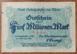 Almanya, Alman İmparatorluğu / 5.000.000 Mark Acil Durum Banknotu, Ludwigshafen am Rhein Şehri 1923-1924. Kat İzli, Lekeli (ÇT/Haliyle)