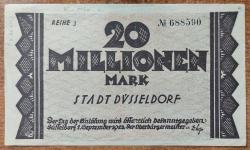 Almanya, 20.000.000 Mark, Düsseldorf Şehri/Notgeld 1923. Ön Yüzde; Küçük Notlar Yazılmış. Kat İzli (ÇT)
