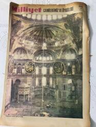 MİLLİYET CAMİLERİMİZ VE ÖYKÜLERİMİZ GAZETESİ TURKISH NEWSPAPER-Ayasofya-Zamanla adı değişikliğe uğradı-559 yılındaki depremde büyük zarar gördü-Fetih’ten sonra ilk namazı Fatih burada kıldı-Sadrıvan I. Mahmut döneminde yapıldı-4. Murat’ın vaiz kürsüsü-Sultan Mahmut’un ilginç kütüphanesi-Mozaikler gerçekten göz alıcıdır-Antsal bir yapı-Mahmutpaşa-Orta mekân namaz bölümüdür-Gidenlerin ardında kalan yapılar-Mahmut Paşa-Fatih Sultan Mehmed-I. Mahmut-Sultan Abdülmecid-Mustafa Paşa-Nuruosmaniye Camii-Kasım Paşa