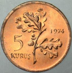 TÜRKİYE CUMHURİYETİ 5 KURUŞ 1974 ÇİL.