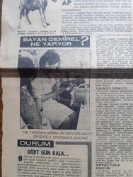 Milliyet Gazetesi - Turkish Newspaper - 6 Ekim 1965 - Dört gün kala yazan Abdi İpekçi Başmakale - Adalet Partisi'nin gövde gösterisi fotoğraf - Adalet Partisi lideri Süleyman Demirel'in 300 vasıta ile geldiği dünkü Taksim mitingine iştirak fazla oldu fotoğraf - Süleyman Demirel'i İstanbul'da kır at üzerinde karşılayan Adalet Partili gözüküyor fotoğraf - Yalvaç Adalet Partisi mitinginde kavga çıktı 28 kişi yaralandı - Alparslan Türkeş sınıf imhası sosyalist sistemde yoktur dedi - Ekrem Alican meclise 50 milletvekili ile gireceğiz dedi - tek dersten kalanlar 11 Ekim'de sınava girecek - Nihat Erim CHP ile Adalet Partisi koalisyon kurabilir - Abdurrahman Kaçı Kapalıçarşı'da cinayet işledikten sonra etrafı ateş yağmuruna tuttu - Türkiye İşçi Partisi genel başkanı Mehmet Ali Aybar anayasaya saygılı olunmalı dedi - Bayan Nazmiye Demirel ne yapıyor fotoğraf - feryat yazan Ulunay - Sıfır yazan Refik Erduran - Petrol davası yazan Profesör Doktor Muammer Aksoy -  Turhan Selçuk Karikatür