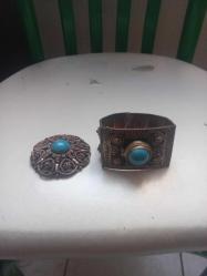 Osmanlı dönemi  el yapımı bakır üzeri telkari düşük ayar gümüş firuze taşlı Bileklik ve Broş