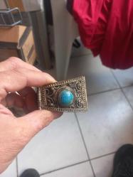 Osmanlı dönemi  el yapımı bakır üzeri telkari düşük ayar gümüş firuze taşlı Bileklik ve Broş