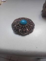 Osmanlı dönemi  el yapımı bakır üzeri telkari düşük ayar gümüş firuze taşlı Bileklik ve Broş