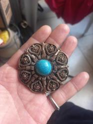 Osmanlı dönemi  el yapımı bakır üzeri telkari düşük ayar gümüş firuze taşlı Bileklik ve Broş