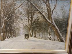 Edirne Karaağaç Yolu, Karla Kaplı Yolda Atlı Ekmek Arabası. 1970 Lİ YILLAR. Sanatçı İmzalı. 55 x 75 cm.