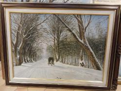 Edirne Karaağaç Yolu, Karla Kaplı Yolda Atlı Ekmek Arabası. 1970 Lİ YILLAR. Sanatçı İmzalı. 55 x 75 cm.