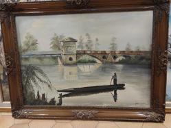 Edirne Tunca  Köprüsü ve Tunca Nehrinde Balıkçı.Yağlı Boya.Sanatçı İmzalı. 75 x 55 cm.