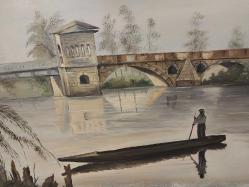 Edirne Tunca  Köprüsü ve Tunca Nehrinde Balıkçı.Yağlı Boya.Sanatçı İmzalı. 75 x 55 cm.